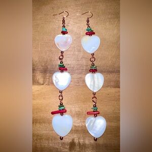 Handmade 5 1/2” heart shaped shell combined with turqoise and bamboo coral chips